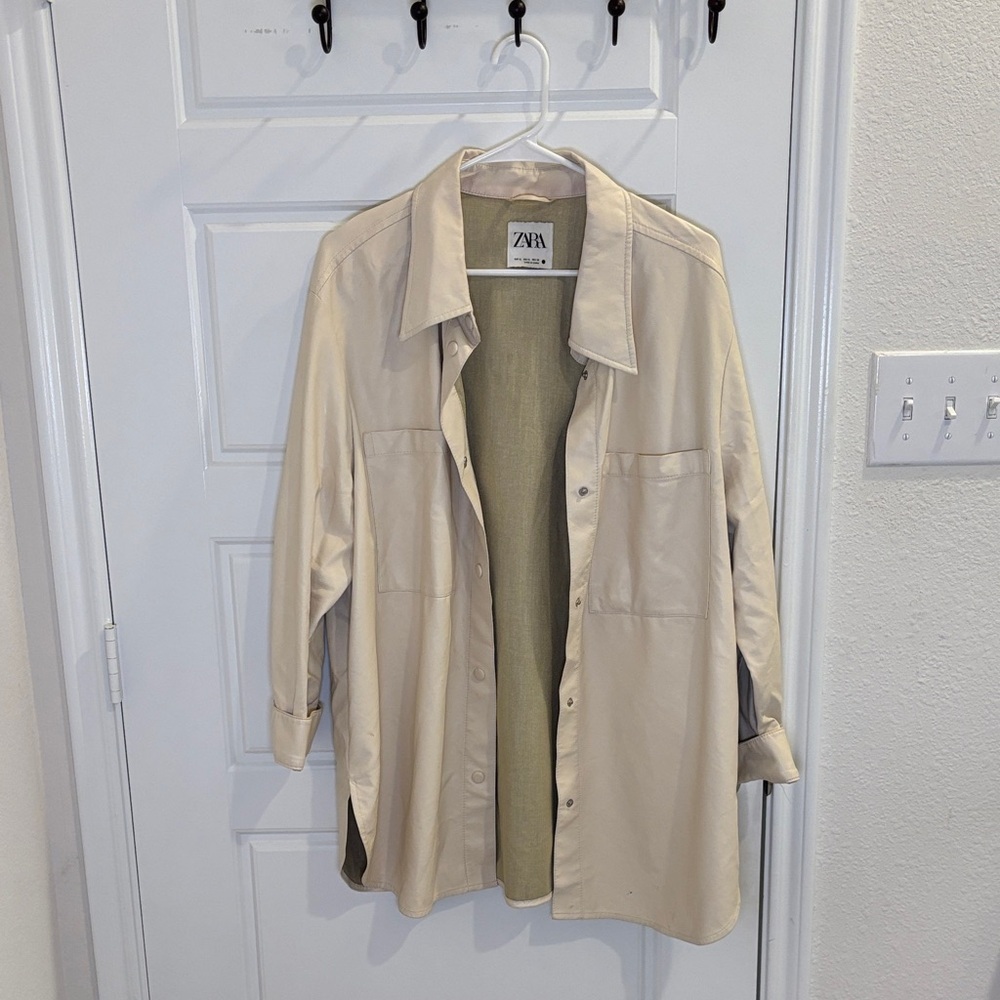 Zara Cream Faux Leather Overshirt Shacket Button Front Jacket XL